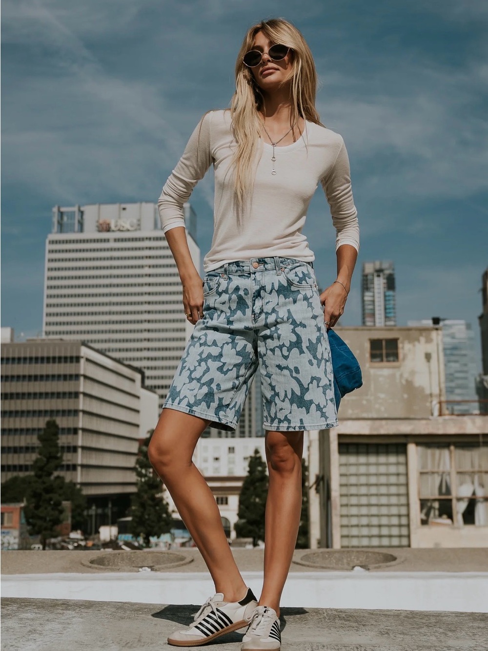bohme Light Blue Floral Denim Bermuda Shorts